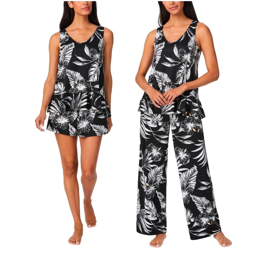 Tommy Bahama Womens 3 Piece Pajama Set Black White Tropical Floral Large NEW